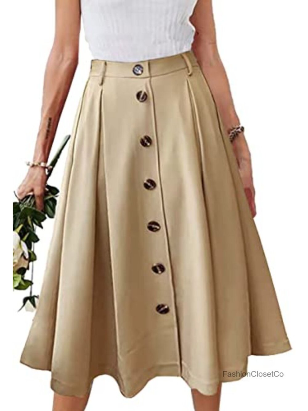 Pleated A-Line Midi Skirt with Pockets